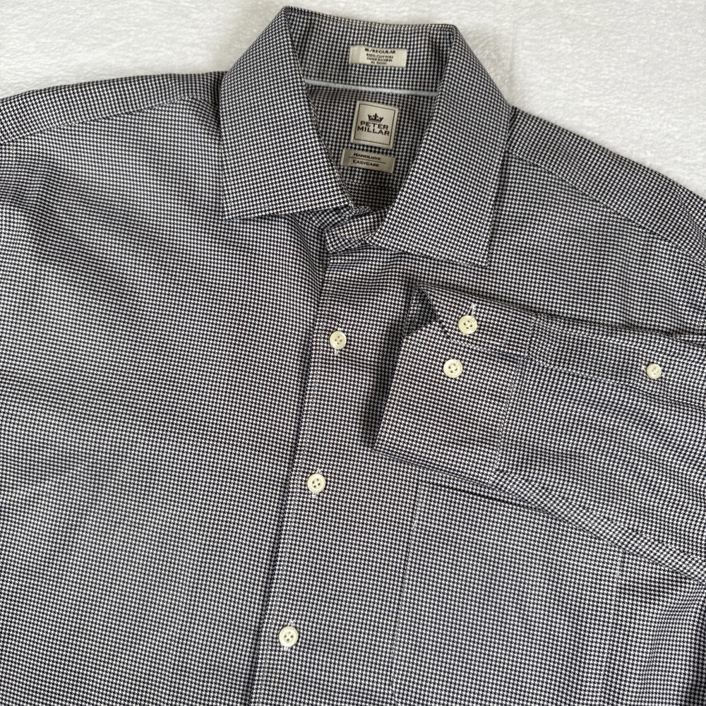 Peter Millar Dress Shirt Mens 16 Regular L Blue Burgundy Houndstooth Nanoluxe